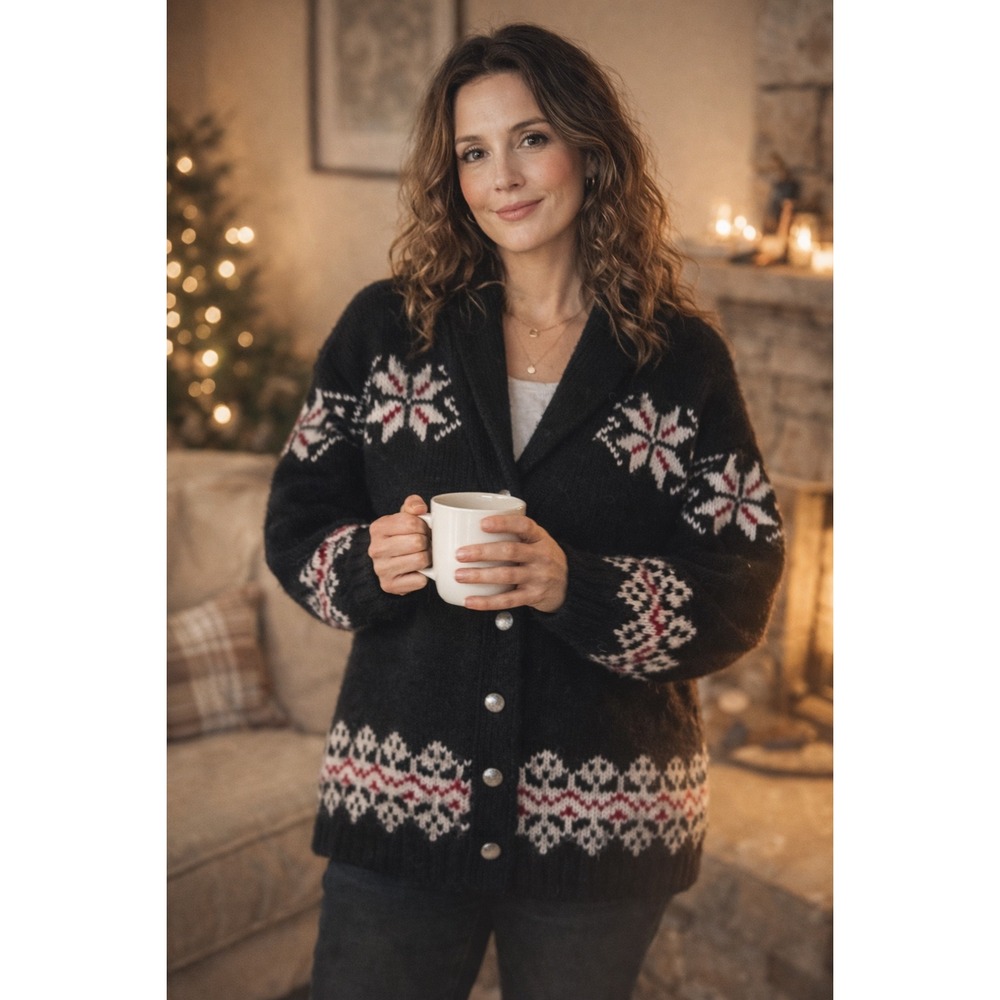 Prides Landing Womens XL Black 100% Wool Fair Isle Snowflake Cardigan Sweater